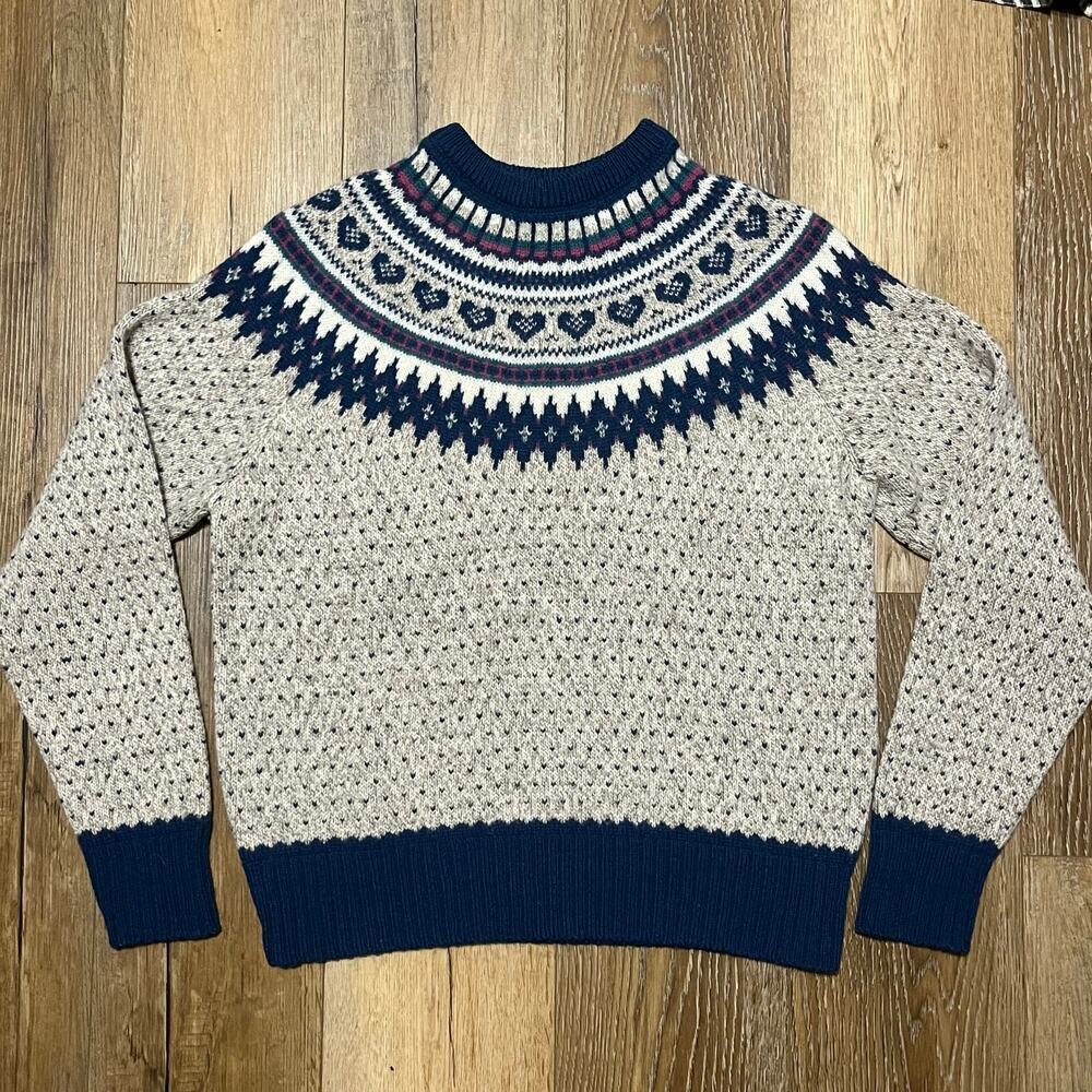Vtg Woolrich Fair Isle Heart Sweater XL Birdseye Blue Cottagecore Nordic Wool 80